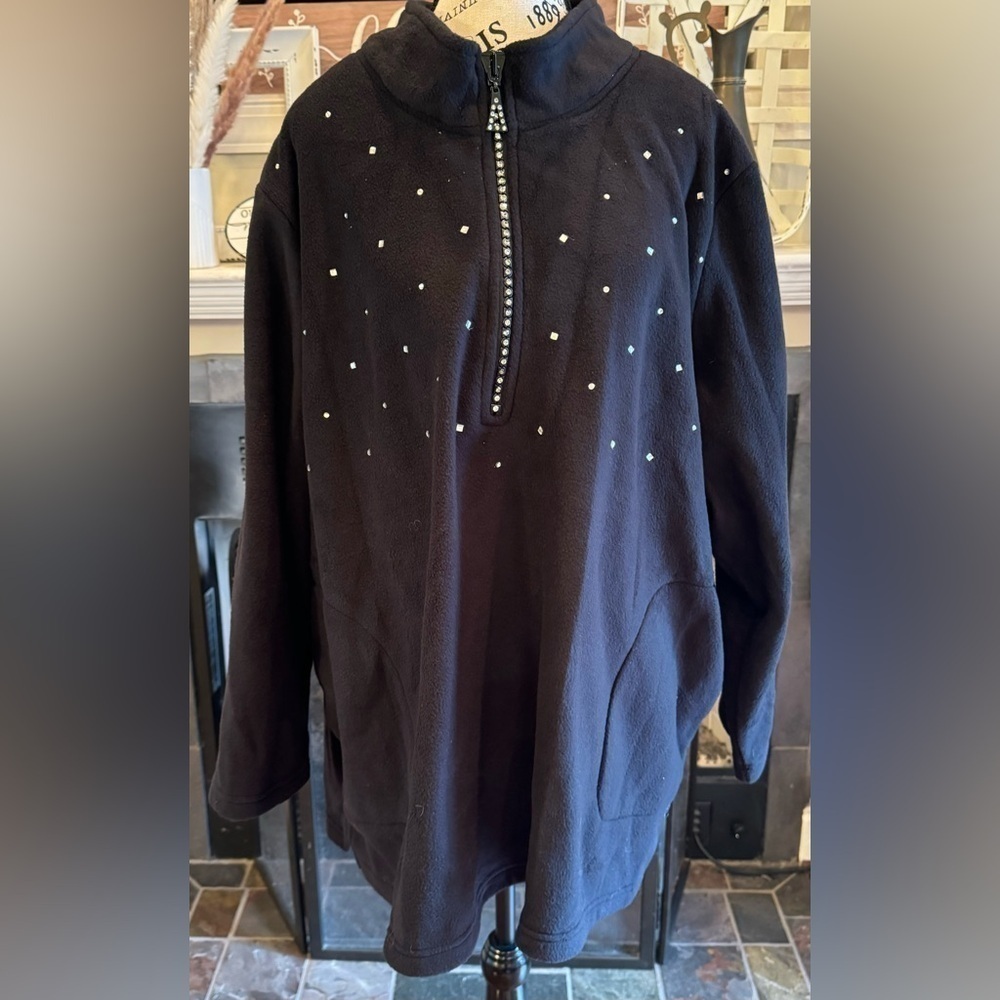 Quacker Factory Sparkle Shine Black Fleece Casual Three Quarter Zip Pullover 3X